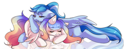 Size: 1920x766 | Tagged: safe, artist:pledus, imported from derpibooru, oc, oc only, pegasus, pony, blushing, commission, cuddling, cute, duo, female, pegasus oc, sleeping, ych result