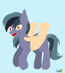 Size: 1150x1288 | Tagged: safe, artist:samsailz, imported from derpibooru, oc, oc:scrimmy, bat pony, pony, bat pony oc, heterochromia, holding, holding a pony, screaming