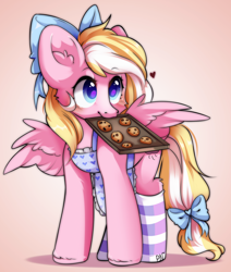 Size: 1920x2261 | Tagged: safe, artist:pledus, imported from derpibooru, oc, oc only, oc:bay breeze, pegasus, pony, apron, blushing, bow, clothes, cookie, cute, female, food, hair bow, looking up, mare, mouth hold, ocbetes, simple background, socks, solo, striped socks, tail, tail bow