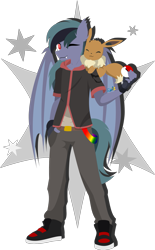 Size: 1329x2149 | Tagged: safe, artist:samsailz, imported from derpibooru, oc, oc only, oc:scrimmy, anthro, bat pony, eevee, bat pony oc, bat wings, clothes, cute, ear fluff, fangs, looking at you, male, one eye closed, poké ball, pokémon, pokémon trainer, simple background, solo, stallion, transparent background, wings, wink