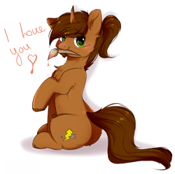 Size: 1920x1901 | Tagged: safe, artist:pledus, imported from derpibooru, oc, oc only, oc:coppercore, pony, unicorn, blushing, butt, chest fluff, commission, eye clipping through hair, hooves, horn, i love you, looking back, male, mouth hold, paintbrush, plot, raised hoof, simple background, sitting, solo, tail, unicorn oc, white background, ych result