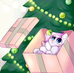 Size: 1920x1916 | Tagged: safe, artist:pledus, imported from derpibooru, oc, oc only, pegasus, pony, christmas, christmas tree, cute, female, holiday, lying down, on back, pegasus oc, present, tree