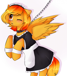 Size: 1920x2176 | Tagged: safe, artist:pledus, imported from derpibooru, oc, oc only, pegasus, pony, blushing, chains, clothes, collar, female, leash, maid, one eye closed, pegasus oc, pet play, solo