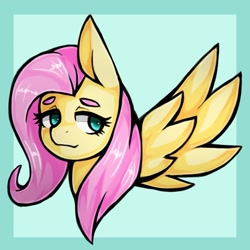 Size: 1543x1543 | Tagged: safe, artist:kyouman1010, imported from derpibooru, fluttershy, pegasus, pony, blue background, bust, female, mare, simple background, solo