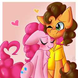 Size: 2000x2000 | Tagged: safe, artist:yoshiyoshi700, imported from derpibooru, cheese sandwich, pinkie pie, earth pony, pony, blushing, cheesepie, chest fluff, cute, diacheeses, diapinkes, eyes closed, februpony, female, heart, high res, male, mare, one eye closed, shipping, stallion, straight