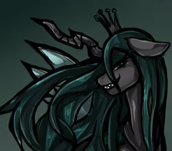 Size: 1543x1350 | Tagged: safe, artist:kyouman1010, imported from derpibooru, queen chrysalis, changeling, changeling queen, bust, crown, female, gradient background, grin, jewelry, looking at you, regalia, sharp teeth, side view, smiling, solo, teeth