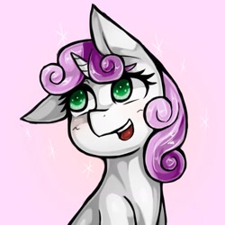 Size: 1543x1543 | Tagged: safe, artist:kyouman1010, imported from derpibooru, sweetie belle, pony, unicorn, bust, female, filly, foal, gradient background, looking at something, one ear down, open mouth, open smile, pink background, simple background, smiling, solo, sparkles, sparkly eyes, wingding eyes