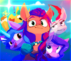 Size: 830x710 | Tagged: safe, artist:roksim, imported from derpibooru, hitch trailblazer, izzy moonbow, pipp petals, sunny starscout, zipp storm, earth pony, pegasus, pony, unicorn, :i, bag, exclamation point, female, g5, lidded eyes, looking at you, male, mane five (g5), mare, my little pony: a new generation, open mouth, open smile, sheriff's badge, smiling, stallion