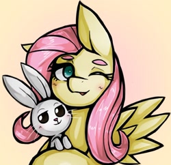 Size: 1592x1543 | Tagged: safe, artist:kyouman1010, imported from derpibooru, fluttershy, pegasus, pony, rabbit, animal, bust, duo, female, gradient background, looking at you, mare, one ear down, one eye closed, wink, winking at you