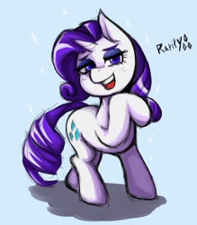 Size: 1350x1543 | Tagged: safe, artist:kyouman1010, imported from derpibooru, rarity, pony, unicorn, female, lidded eyes, looking at you, mare, noblewoman's laugh, open mouth, open smile, raised hoof, simple background, smiling, solo, sparkles, white background