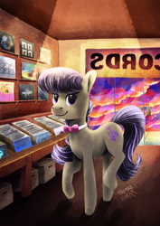 Size: 2480x3508 | Tagged: safe, artist:the-barinade, imported from derpibooru, octavia melody, earth pony, pony, cloud, eyes open, looking at you, music, record, retro, shop, shopping, solo, store, sunset, vintage