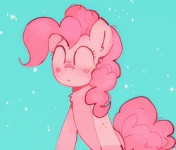 Size: 1024x874 | Tagged: safe, artist:bug-roux, imported from derpibooru, pinkie pie, earth pony, pony, ^^, blue background, blushing, chest fluff, cute, diapinkes, eyes closed, female, happy, mare, simple background, smiling, solo, tail