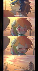 Size: 4356x8100 | Tagged: safe, artist:amo, imported from derpibooru, rainbow dash, oc, oc:dopami korpela, pegasus, pony, unicorn, 4 panel comic, blushing, building, canon x oc, chinese, comic, commission, confession, conversation, cute, dashabetes, dopadash, female, horn, male, mare, pole, ponime, shipping, stallion, straight, sunset, telephone pole, translated in the description, unicorn oc, ych result