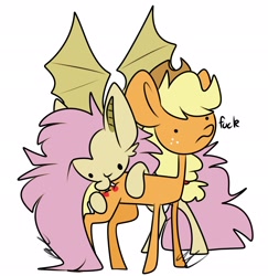 Size: 1990x2048 | Tagged: safe, artist:crookedbeetles, imported from derpibooru, applejack, fluttershy, bat pony, earth pony, pony, bat ponified, biting, butt bite, dot eyes, duo, fangs, female, flutterbat, flutterbat biting applejack, fuck, literal butthurt, mare, pain, race swap, simple background, vulgar, white background