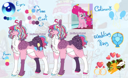 Size: 1280x779 | Tagged: safe, artist:malinraf1615, imported from derpibooru, cheese sandwich, pinkie pie, earth pony, pony, alternate hairstyle, cheesepie, chest fluff, female, freckles, grin, heart, jewelry, lip bite, male, mare, markings, redesign, reference sheet, ring, shipping, smiling, solo focus, stallion, straight, unshorn fetlocks, wedding ring