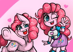 Size: 2026x1447 | Tagged: safe, artist:kyouman1010, imported from derpibooru, pinkie pie, earth pony, pony, equestria girls, clothes, cutie mark on clothes, duo, female, heart, looking at you, mare, one ear down, one eye closed, open mouth, open smile, pink background, self paradox, self ponidox, simple background, smiling, smiling at you, waving, waving at you, wink, winking at you