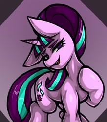 Size: 1350x1543 | Tagged: safe, artist:kyouman1010, imported from derpibooru, starlight glimmer, pony, unicorn, alternate hairstyle, female, gradient background, hoof on chest, looking at you, mare, one ear down, raised hoof, s5 starlight, solo