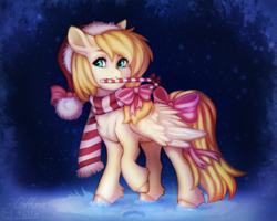 Size: 2000x1600 | Tagged: safe, artist:coffune, artist:eltaile, imported from derpibooru, oc, oc:deliambre, pegasus, pony, bow, bowtie, candy, candy cane, christmas, clothes, collaboration, commission, cute, equine, female, food, hat, holiday, mare, outdoors, santa hat, scarf, snow, solo, striped scarf, tail, tail bow, winter, your character here