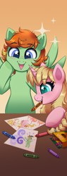 Size: 1440x3780 | Tagged: safe, artist:confetticakez, imported from derpibooru, oc, oc only, oc:barley tender, oc:caramel malt, pegasus, pony, unicorn, blushing, convention mascot, crayon, crayons, drawing, duo, female, happy, male, mare, mascot, mouth hold, sparkles, spread wings, stallion, surprised, wings