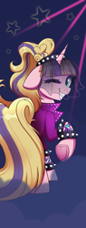 Size: 1440x3780 | Tagged: safe, artist:confetticakez, imported from derpibooru, coloratura, oc, oc only, oc:caramel malt, pony, unicorn, clothes, convention, convention mascot, cosplay, costume, countess coloratura, female, floppy ears, looking back, mare, mascot, neon, one eye closed, ponyville ciderfest, raised hoof, smoke, solo, stars, underhoof, veil, wink