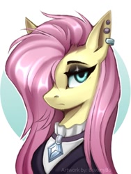 Size: 900x1200 | Tagged: safe, artist:buvanybu, imported from derpibooru, fluttershy, pegasus, pony, bust, ear piercing, earring, fluttergoth, hair over one eye, jewelry, piercing, solo