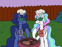 Size: 1000x753 | Tagged: safe, artist:happy harvey, imported from derpibooru, princess celestia, princess luna, alicorn, pony, apron, backyard, barbeque, bush, chef's hat, clothes, female, fence, food, grass, grill, hat, hot dog, mare, meat, phone drawing, ponies eating meat, ponified, rugrats, sausage, smiling, smug, steak, sunglasses, yard