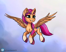 Size: 2598x2048 | Tagged: safe, artist:kapusta123, imported from derpibooru, sunny starscout, alicorn, pony, ear fluff, fanart, female, flying, g5, green eyes, horn, my little pony: a new generation, smiling, spread wings, wings