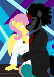 Size: 1280x1803 | Tagged: safe, artist:rotgriff, imported from derpibooru, fluttershy, king sombra, anthro, pegasus, unicorn, clothes, female, jewelry, kissing, male, mare, necklace, necktie, shipping, sombrashy, stallion, straight, suit