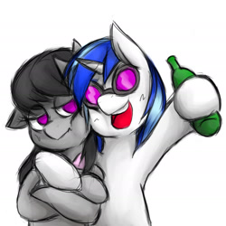 Size: 1654x1654 | Tagged: safe, artist:kyouman1010, imported from derpibooru, dj pon-3, octavia melody, vinyl scratch, earth pony, pony, unicorn, alcohol, bust, crossed hooves, drink, duo, female, glasses, hoof around neck, mare, octavia is not amused, open mouth, open smile, simple background, smiling, unamused, vinyl's glasses, white background