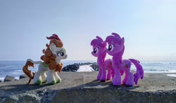 Size: 2048x1203 | Tagged: safe, imported from derpibooru, photographer:pakapaka1993, autumn blaze, berry punch, berryshine, earth pony, kirin, pony, irl, japan, ocean, photo, plushie, self paradox, self ponidox, trio, water