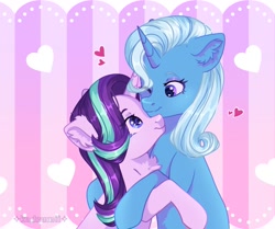 Size: 1843x1538 | Tagged: safe, artist:freyamilk, imported from derpibooru, starlight glimmer, trixie, pony, unicorn, chest fluff, cute, diatrixes, duo, duo female, ear fluff, female, glimmerbetes, heart, holiday, hug, lesbian, looking at each other, looking at someone, mare, one eye closed, shipping, smiling, smiling at each other, startrix, valentine's day, wink, ych example, your character here