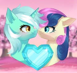 Size: 1821x1737 | Tagged: safe, artist:freyamilk, imported from derpibooru, bon bon, lyra heartstrings, sweetie drops, earth pony, pony, unicorn, adorabon, blushing, boop, crystal heart, cute, duo, female, heart, lesbian, looking at each other, looking at someone, lyrabetes, lyrabon, mare, noseboop, shipping, tree