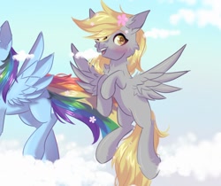 Size: 1478x1239 | Tagged: safe, artist:freyamilk, imported from derpibooru, derpy hooves, rainbow dash, pegasus, pony, blushing, chest fluff, cloud, cute, derpabetes, female, flying, mare, open mouth, sky, solo focus, ych example, your character here