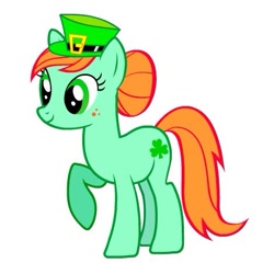 Size: 469x469 | Tagged: safe, imported from derpibooru, cloverleaf, earth pony, pony, freckles, green, green coat, green eyes, hat, holiday, ireland, irish, official, orange mane, orange tail, redhead, saint patrick's day, simple background, solo, tail, white background