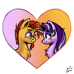 Size: 2000x2000 | Tagged: safe, artist:ami-gami, imported from derpibooru, starlight glimmer, sunburst, pony, unicorn, bust, chest fluff, duo, female, heart, high res, holiday, looking at each other, looking at someone, male, mare, shipping, simple background, smiling, smiling at each other, stallion, starburst, straight, valentine's day, white background