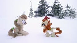 Size: 2048x1152 | Tagged: safe, imported from derpibooru, photographer:pakapaka1993, autumn blaze, kirin, pony, duo, irl, japan, photo, plushie, snow, snowfall, tree, winter