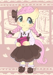 Size: 1448x2048 | Tagged: safe, artist:yanamosuda, imported from derpibooru, fluttershy, pegasus, pony, semi-anthro, alternate hairstyle, blouse, blushing, bow, braid, clothes, cute, dress, frilly, frilly dress, frilly socks, holiday, hoof hold, looking at you, present, shyabetes, smiling, socks, standing, valentine's day