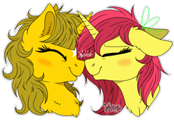 Size: 4093x2894 | Tagged: safe, artist:julunis14, imported from derpibooru, oc, oc only, oc:ayza, oc:baatochan, pony, unicorn, boop, couple, female, floppy ears, mare, noseboop, simple background, transparent background