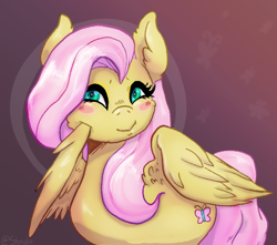 Size: 530x469 | Tagged: safe, artist:shmobono, imported from derpibooru, fluttershy, pegasus, pony, blush sticker, blushing, cute, ear fluff, female, mare, shyabetes, smiling, solo