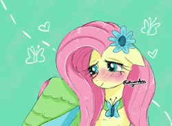 Size: 1039x760 | Tagged: safe, artist:rakuenarts, imported from derpibooru, fluttershy, pegasus, pony, blushing, clothes, cute, dress, floppy ears, flower, flower in hair, gala dress, green background, shyabetes, simple background, solo