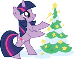 Size: 670x532 | Tagged: safe, imported from derpibooru, twilight sparkle, pony, unicorn, bipedal, christmas, christmas tree, facebook, female, holiday, hooves, horn, mare, official, simple background, smiling, solo, standing, stars, tail, tree, unicorn twilight, white background