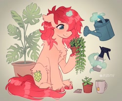 Size: 2048x1693 | Tagged: safe, artist:draw3, imported from derpibooru, oc, oc only, pony, unicorn, chest fluff, food, magic, magic aura, mug, plant, plant pot, solo, spray bottle, tea, unshorn fetlocks, watering can