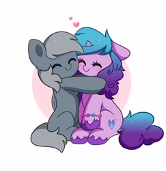 Size: 3892x4006 | Tagged: safe, artist:kittyrosie, imported from derpibooru, izzy moonbow, oc, pony, unicorn, blushing, canon x oc, commission, cute, duo, eyes closed, g5, hug, my little pony: a new generation, ych result