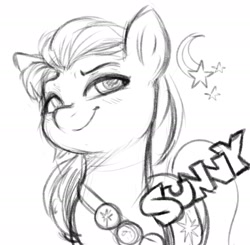 Size: 2000x1958 | Tagged: safe, artist:aer0 zer0, sunny starscout, earth pony, pony, female, g5, lidded eyes, mare, monochrome, simple background, smiling, solo, white background