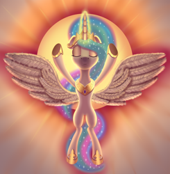 Size: 2000x2038 | Tagged: safe, artist:iimaximusii, imported from derpibooru, princess celestia, alicorn, pony, backlighting, eyes closed, female, glow, glowing horn, horn, mare, raising the sun, solo, spread wings, sun, wings