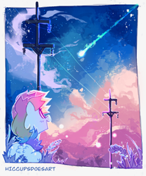 Size: 3000x3628 | Tagged: safe, artist:hiccupsdoesart, imported from ponybooru, rainbow dash, pegasus, pony, cloud, female, looking up, mare, shooting star, signature, sky, solo, stars, telephone pole