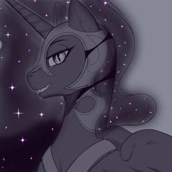 Size: 4000x4000 | Tagged: safe, artist:drawsaero, imported from derpibooru, nightmare moon, alicorn, pony, bust, female, grayscale, helmet, looking at you, mare, monochrome, peytral, profile, smiling, solo