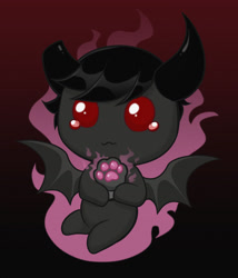 Size: 1280x1494 | Tagged: safe, artist:confetticakez, imported from derpibooru, demon, demon pony, original species, pony, azazel, baby eyes, bat wings, beady eyes, binding of isaac, chibi, crossover, cute, demon horns, fire, gradient background, guppy's paw, horns, male, no pupils, ponified, sad, solo, spread wings, video game crossover, wavy mouth, wings
