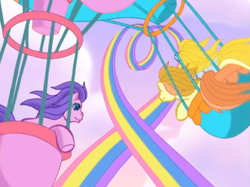 Size: 1536x1146 | Tagged: safe, screencap, gem blossom, kimono, moondancer (g3), earth pony, pony, the runaway rainbow, adorablossom, cute, duo, female, flying, g3, g3 dancerbetes, g3betes, group, heart, hot air balloon, kimonawww, mare, rainbow, rainbow heart, sky, song, whenever there's a rainbow, windswept mane