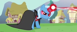 Size: 1280x537 | Tagged: safe, imported from derpibooru, screencap, trixie, pony, unicorn, magic duel, alicorn amulet, beam, cape, clothes, evil trixie, female, mare, solo